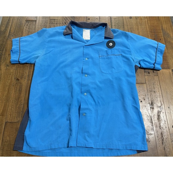 Vintage 90s 8 Ball Rec Hall Bowling Shirt Blue Button Up Mens L - Picture 2 of 10